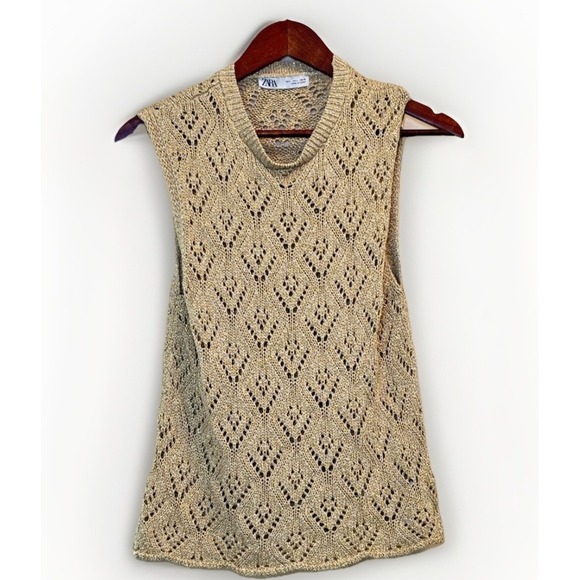 Zara Gold Stretch Shiny Viscose Knit Tank Top Size L - Picture 2 of 6